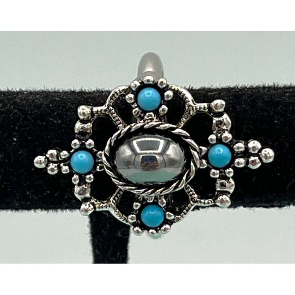 Vintage Avon Silver Tone Hematite Ring with Faux Turquoise Size 7.5 - Picture 1 of 10